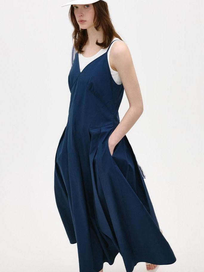 fano Cotton Spaghetti Strap A Line V-neck Office Antique Blue Maxi Dresses