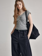fano V-neck Drawstring Cotton Blend Minimal Straight Women Short Sleeve T-Shirts