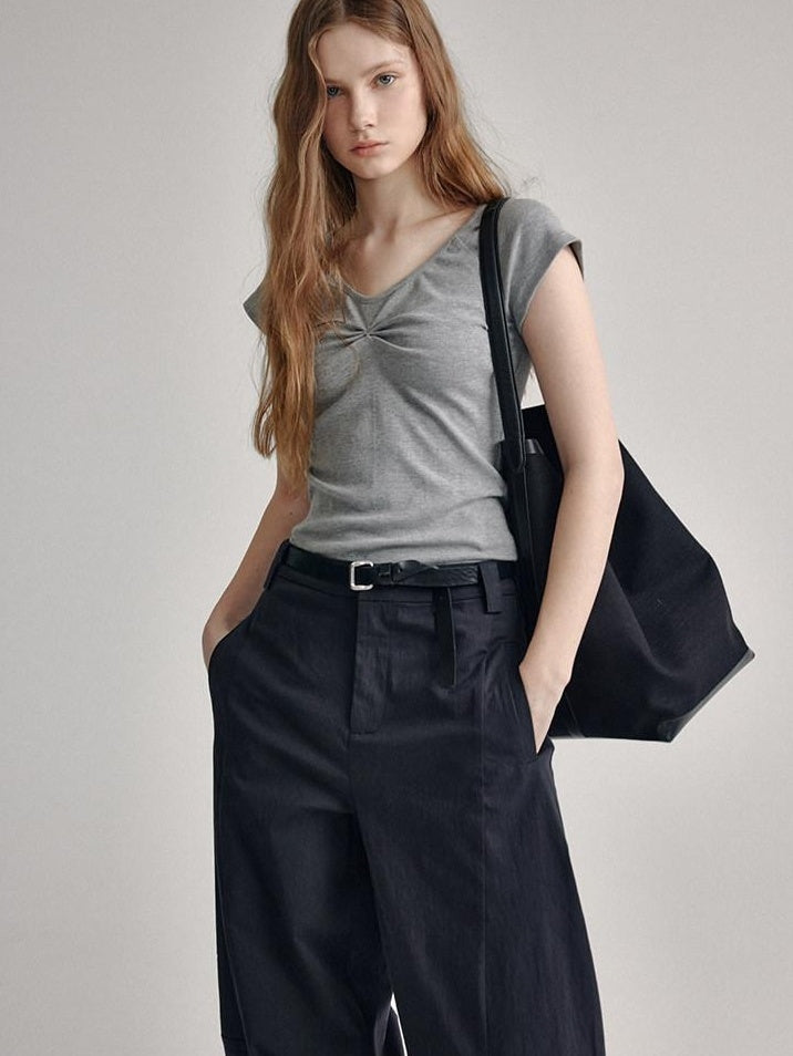 fano V-neck Drawstring Cotton Blend Minimal Straight Women Short Sleeve T-Shirts