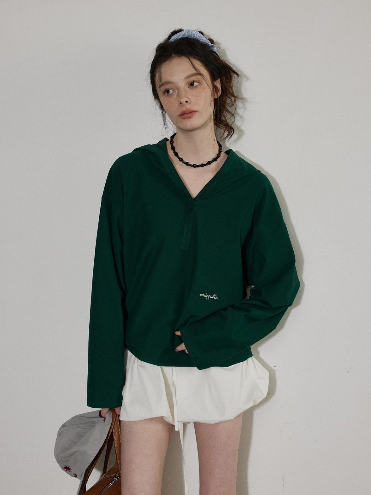 Lofi choose Cozy Loose Fit V-neck Hooded Commuter Style Women Green Gray Hoodie