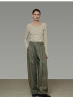 unspoken Sexy High Waist Striped Drawstring Straight Hem Office Breathable Wide Leg Pants