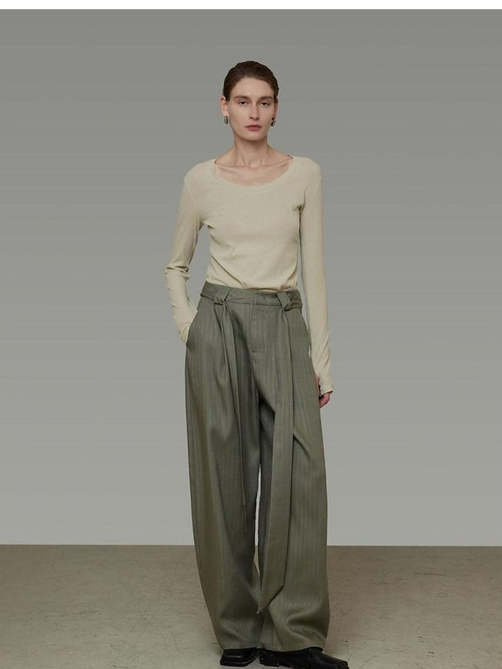 unspoken Sexy High Waist Striped Drawstring Straight Hem Office Breathable Wide Leg Pants