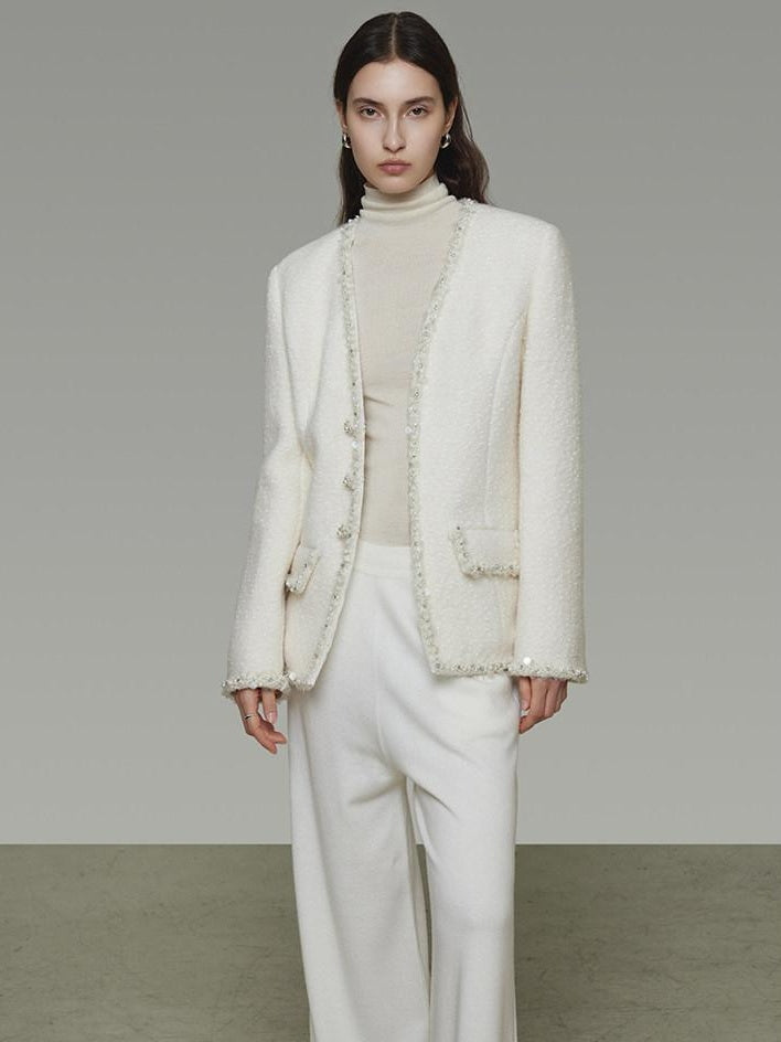 unspoken Soft Ivory Wool Blend Tailored Slim V-neck Long Sleeve Commuter Cardigans