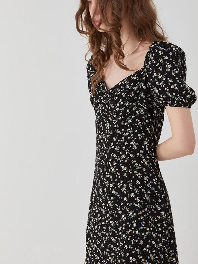 fano Viscose Square Neck Puff Sleeve A Line Casual Black Floral Maxi Dresses