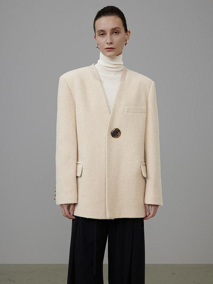 unspoken Cream Wool Blend Commuter Loose Fit V-neck Single Button Women Wool Coats
