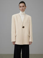 unspoken Cream Wool Blend Commuter Loose Fit V-neck Single Button Women Wool Coats