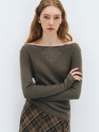 someonesometimes Soft Acrylic Wool Nylon Blend Slim Fit Printed Boat Neck Women Mud Green Sweater