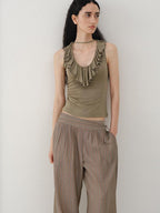 someonesometimes Light Lyocell Slim Ruffle Tie Cami Workwear Women Olive Green Tank Tops