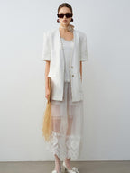 audreyyang Breathable Linen Short Sleeve Minimalist Back Vent Casual Womens Blazers