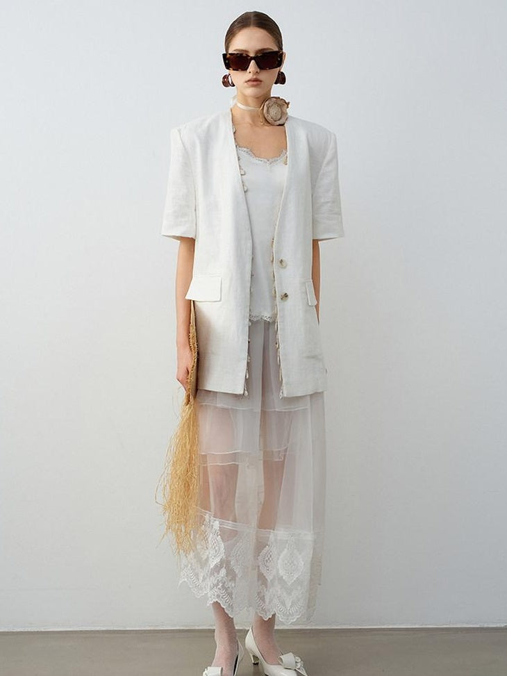 audreyyang Breathable Linen Short Sleeve Minimalist Back Vent Casual Womens Blazers