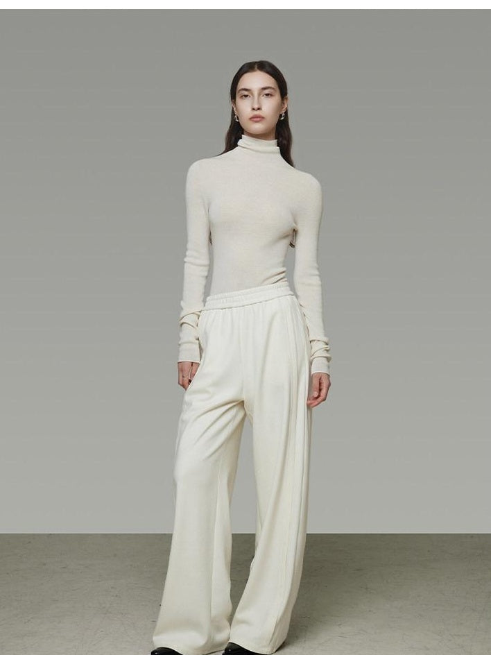 unspoken Comfort Elastic Natural Waist Minimal Solid White Polyester Blend Wide Leg Pants