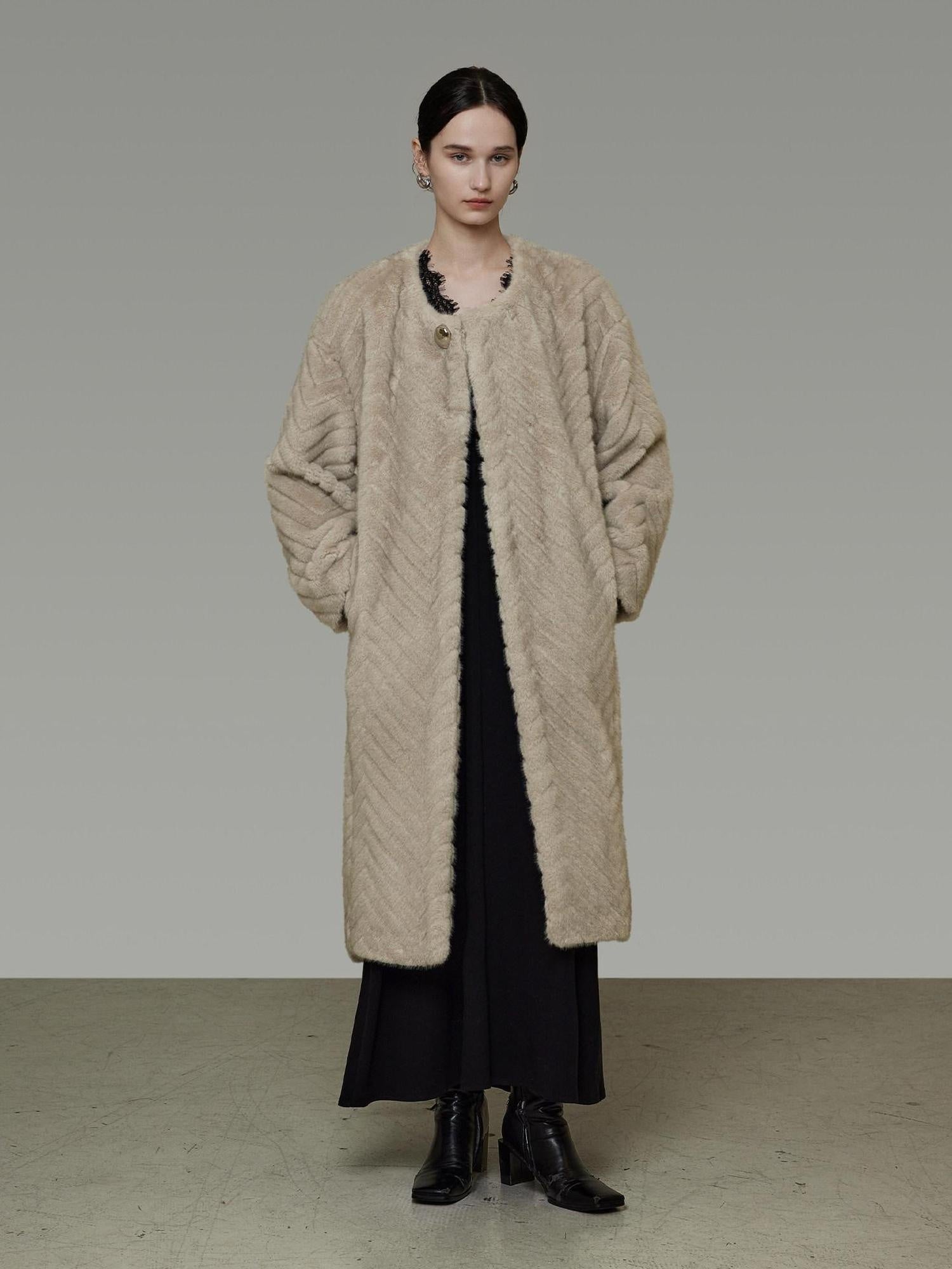 unspoken Warm Thick Beige Loose Fit Collarless Mid Length Commuter Women Long Coats