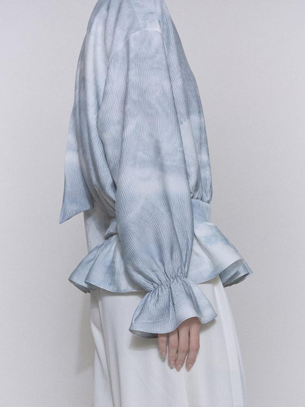 someone sometimes Glacier Blue Polyester V-neck Long Bell Sleeve Loose Fit Office Work Blouses