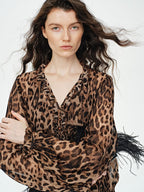 audreyyang Silk Blend Leopard Print A Line Fitted Waist Long Sleeve Vacation Maxi Dresses
