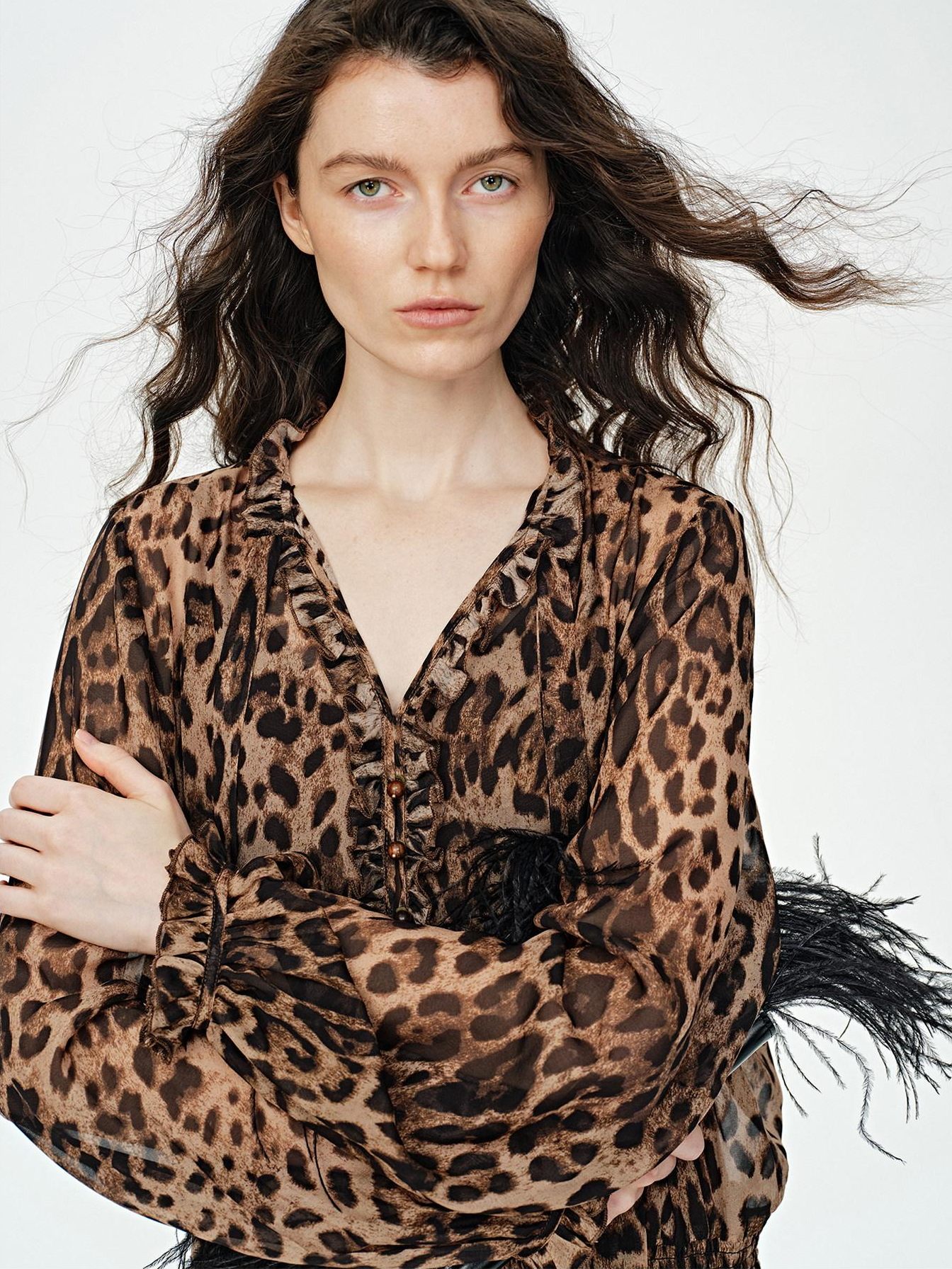 audreyyang Silk Blend Leopard Print A Line Fitted Waist Long Sleeve Vacation Maxi Dresses