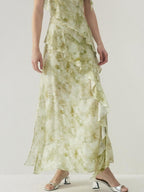 someone sometimes Viscose Asymmetric Ruffle Hem Cinched Waist Aline Lake Green Maxi Dresses