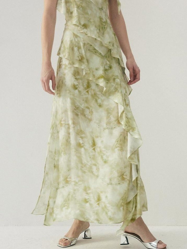 someone sometimes Viscose Asymmetric Ruffle Hem Cinched Waist Aline Lake Green Maxi Dresses