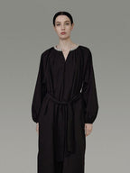 unspoken Cotton Loose Waist Minimalist V-neck Long Sleeve Casual Black Maxi Dresses