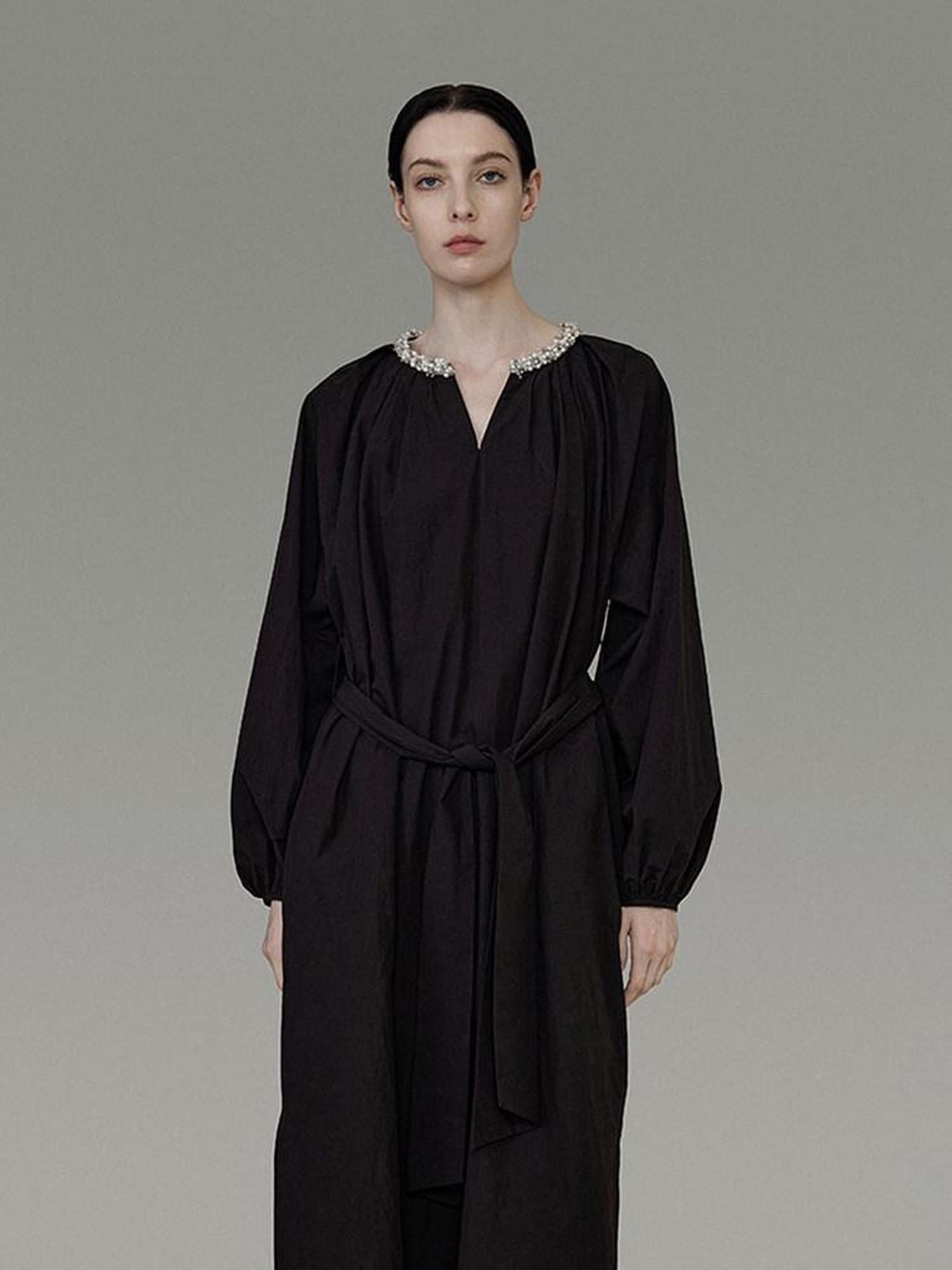 unspoken Cotton Loose Waist Minimalist V-neck Long Sleeve Casual Black Maxi Dresses