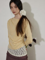 Lofi choose Cream Knit Paneled Relaxed Fit One Shoulder Women Long Sleeve T-Shirts