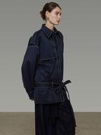 unspoken Vintage Loose Fit Irregular Pocket Detail Women Navy Polyester Trench Coats