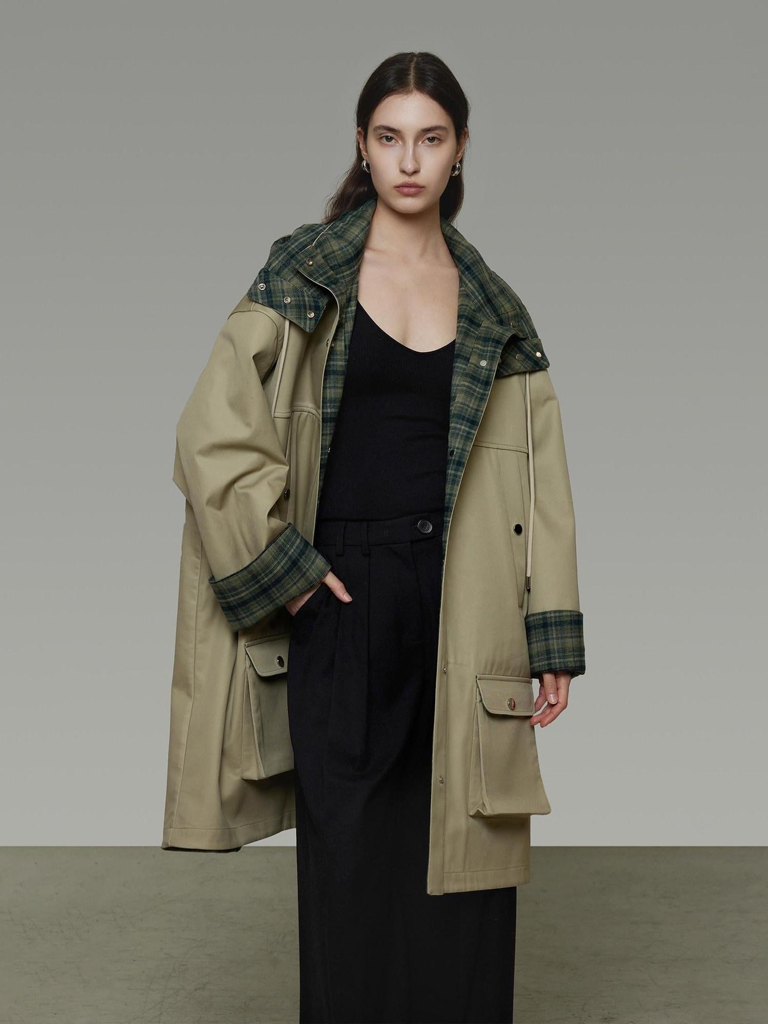 unspoken Breathable Pure Cotton Minimalist Loose Midlength Women Plaid Khaki Trench Coats