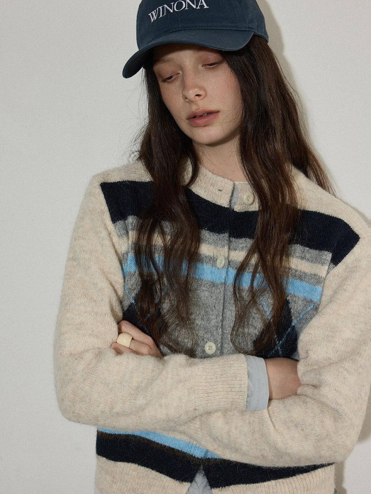 Lofi choose Cozy Poly Wool Blend Contrast Trim Diamond Knit Loose Fit Women Cardigans