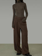 unspoken High Waist Pocketed Minimalist Office Brown Polyester Blend Wide Leg Pants