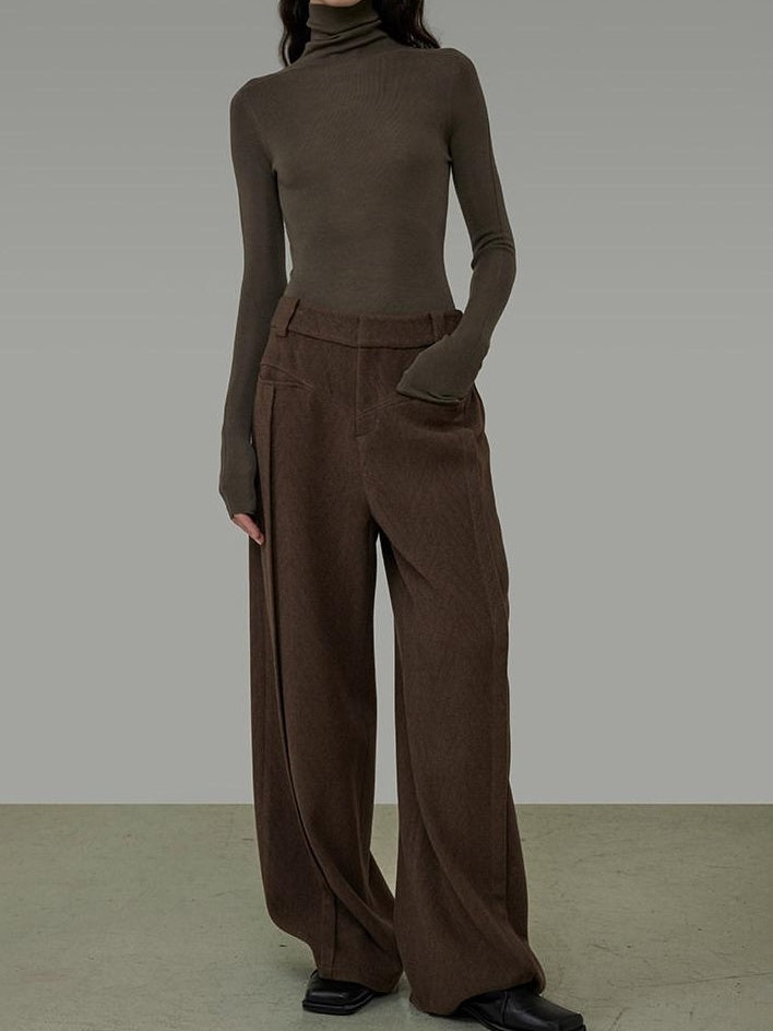 unspoken High Waist Pocketed Minimalist Office Brown Polyester Blend Wide Leg Pants