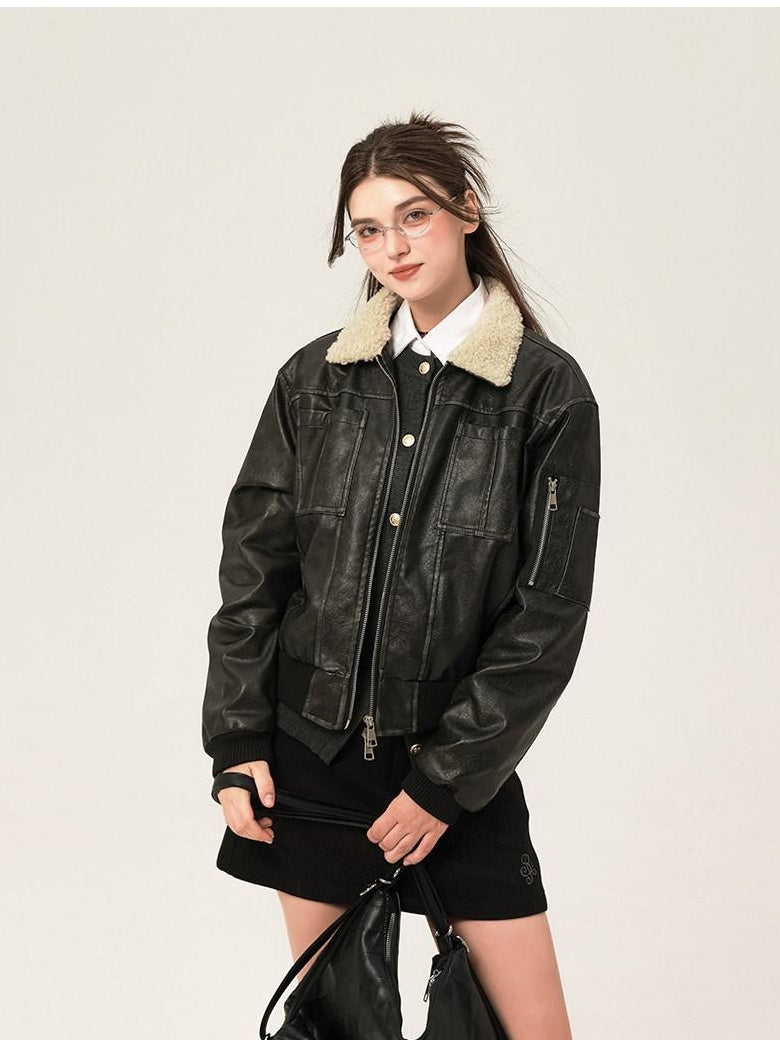 ikyou Thick Distressed Pu Patchwork Straight Zip Pockets Minimalist Leather Jackets