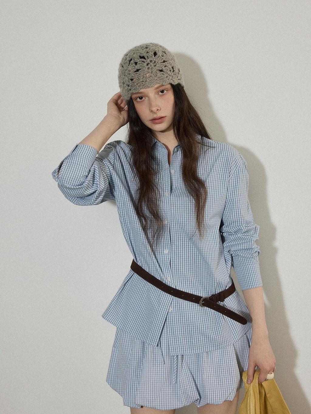 Lofi choose Comfortable Loose Plaid Button Collar Long Sleeve Women Workwear Midi Dresses
