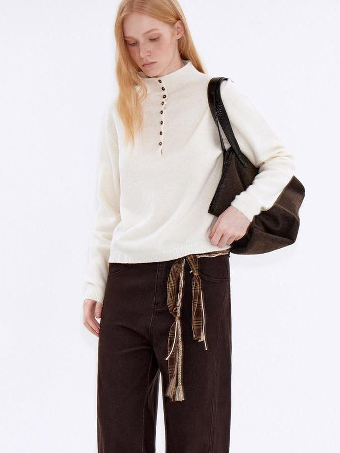 fano Wool Cashmere Blend Breathable Loose Half Open Collar Women Cardigans