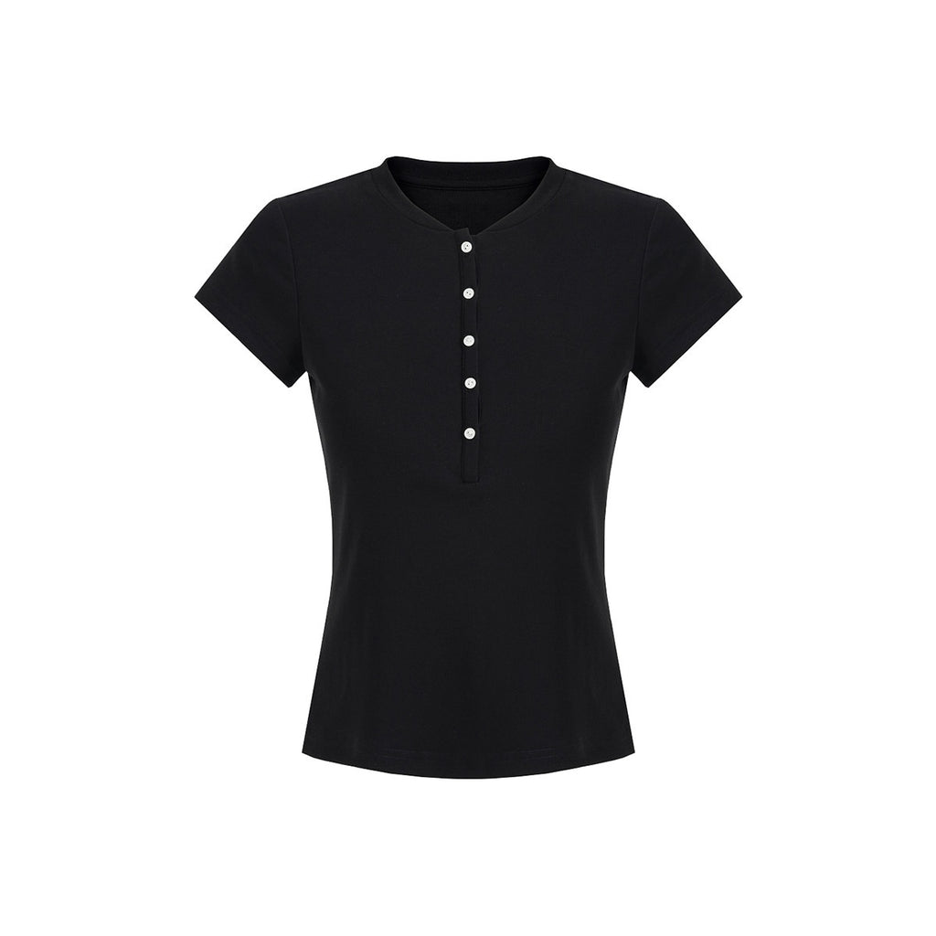 fano_Black_Slim_Fit_Half_Collar_Button_Commuter_Women_Lyocell_Short_Sleeve_T-Shirts_MISSTT