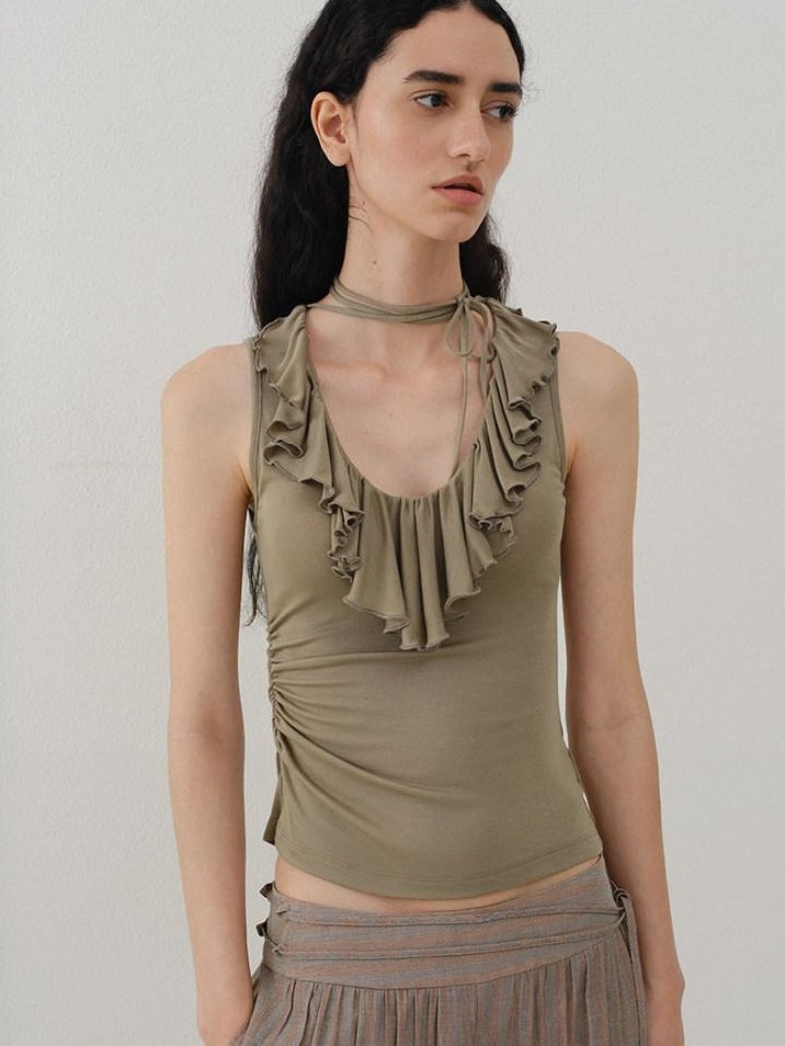 someonesometimes Light Lyocell Slim Ruffle Tie Cami Workwear Women Olive Green Tank Tops