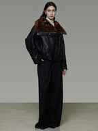 unspoken Thick Warm Patchwork Lapel Zipper Loose Women Commuter Black Leather Jackets