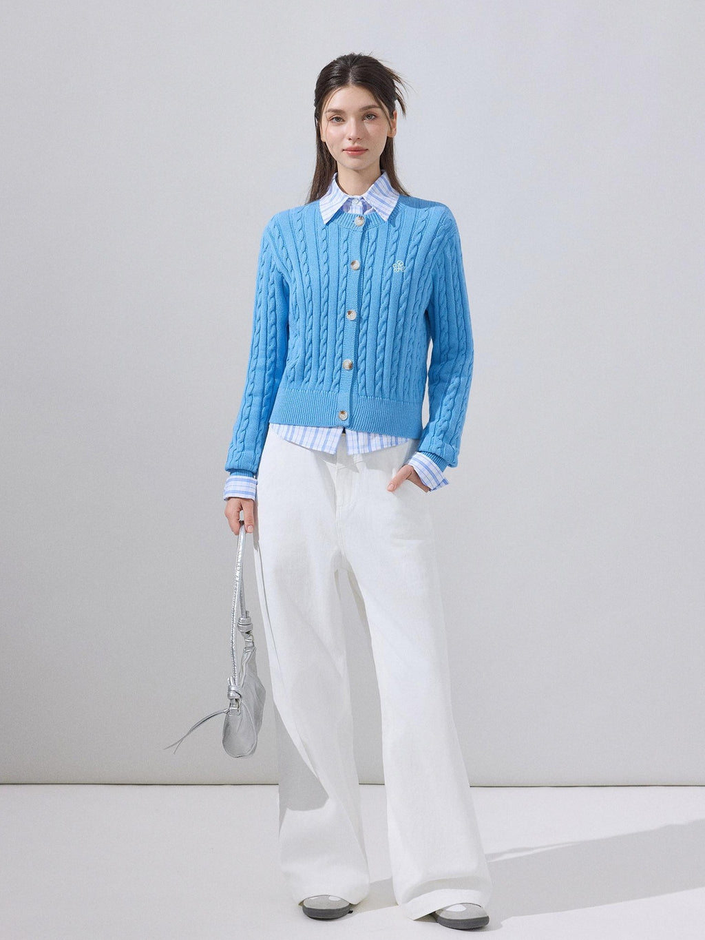 ikyou Soft Cotton Blend Preppy Regular Button Front Blue Casual Women Logo Cardigans