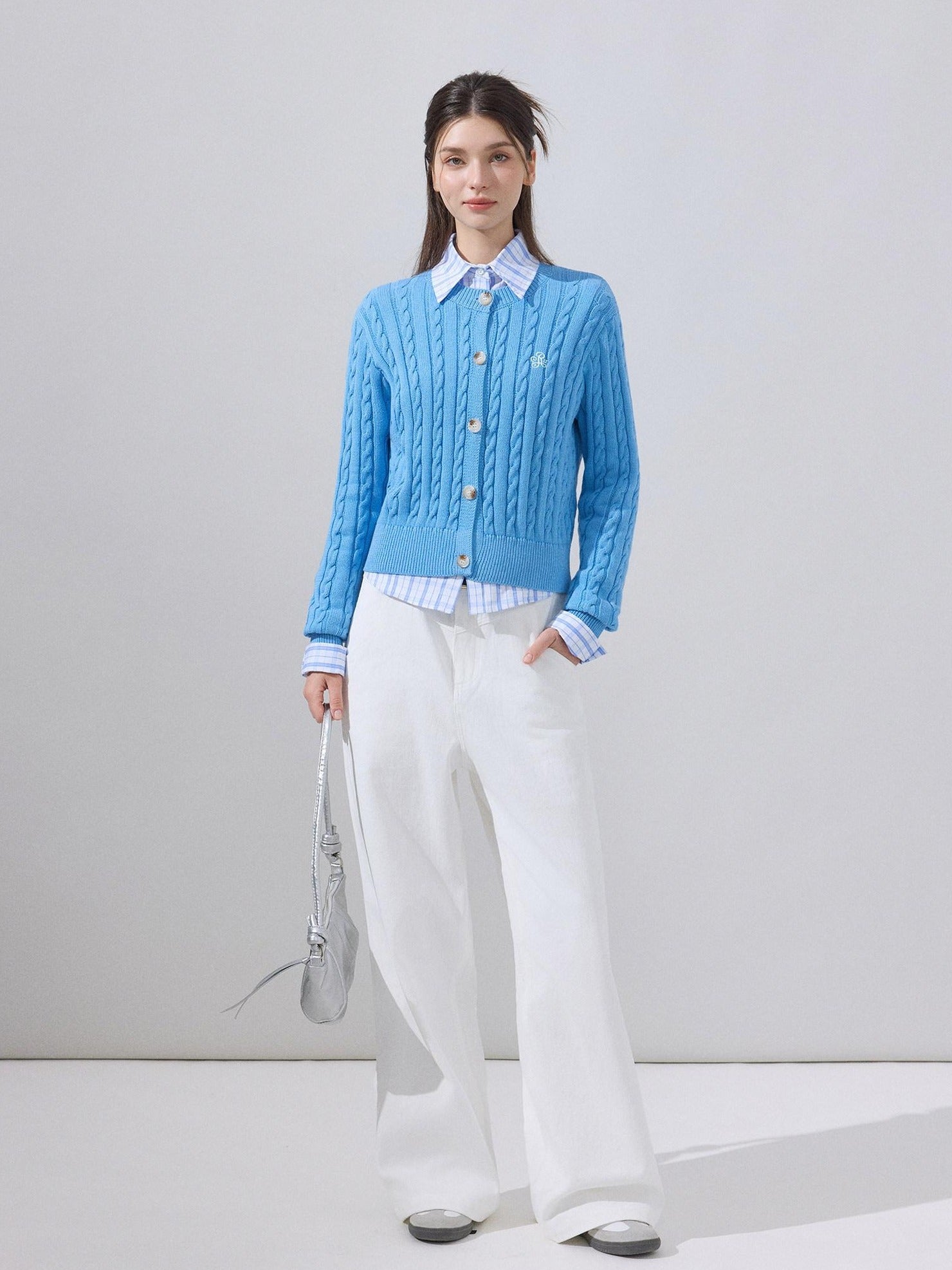 ikyou Soft Cotton Blend Preppy Regular Button Front Blue Casual Women Logo Cardigans