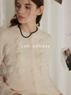 Lofi choose Soft Pearl White Floral Knit Casual Relaxed Button Front Round Neck Women Cardigans