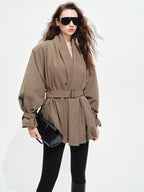 audreyyang Tie Front Vintage Oversized Batwing Sleeve Women Polyester Cropped Jackets