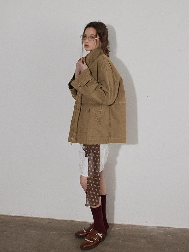 Lofi choose Airy Loose Fit Commuter Lapel Button Longsleeve Solid Khaki Cropped Jackets