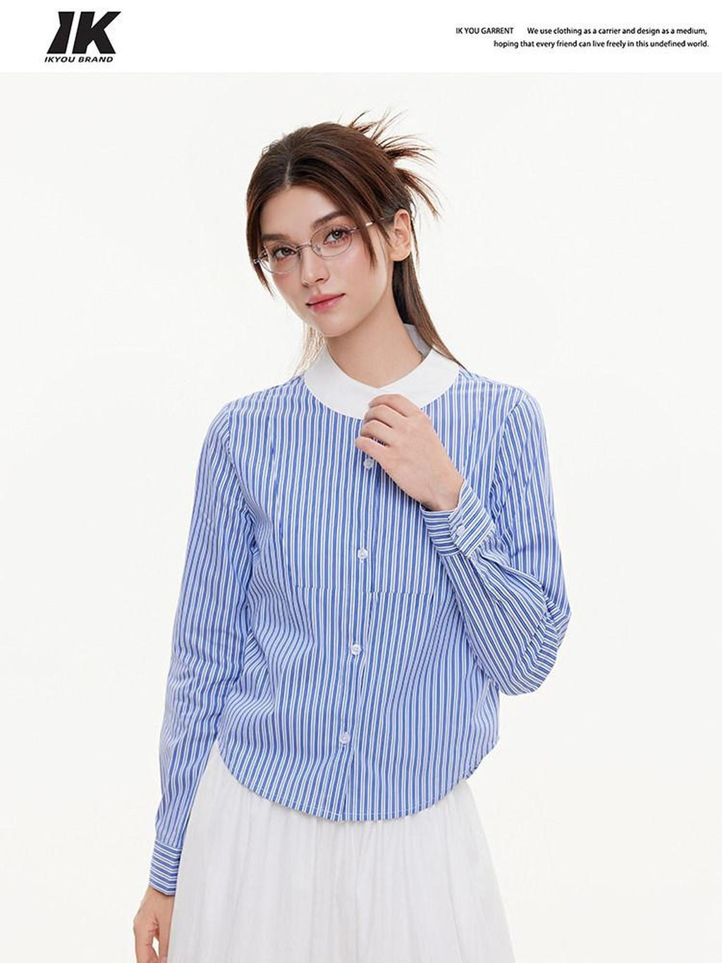 ikyou Breathable Cottonblend Slim Fit Embroidered Stripe Round Neck Women Tops Blouses