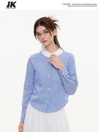 ikyou Breathable Cottonblend Slim Fit Embroidered Stripe Round Neck Women Tops Blouses
