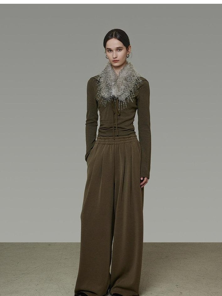 unspoken High Waist Breathable Tailored Loose Solid Brown Green Women Wide Leg Pants