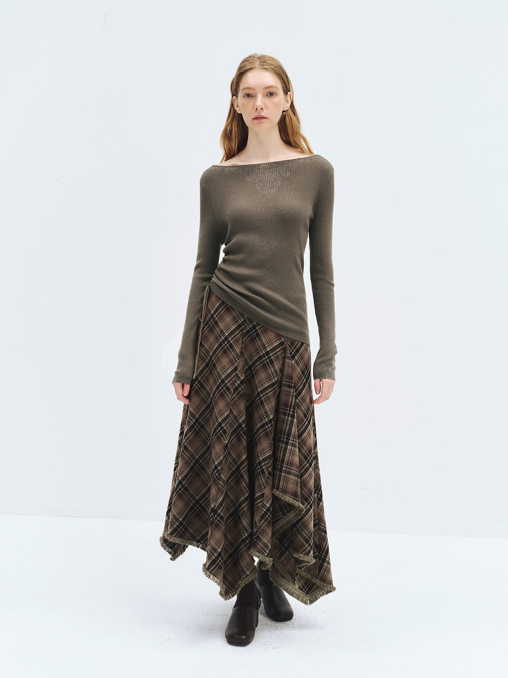 someonesometimes Soft Acrylic Wool Nylon Blend Slim Fit Printed Boat Neck Women Mud Green Sweater