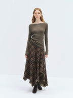 someonesometimes Soft Acrylic Wool Nylon Blend Slim Fit Printed Boat Neck Women Mud Green Sweater