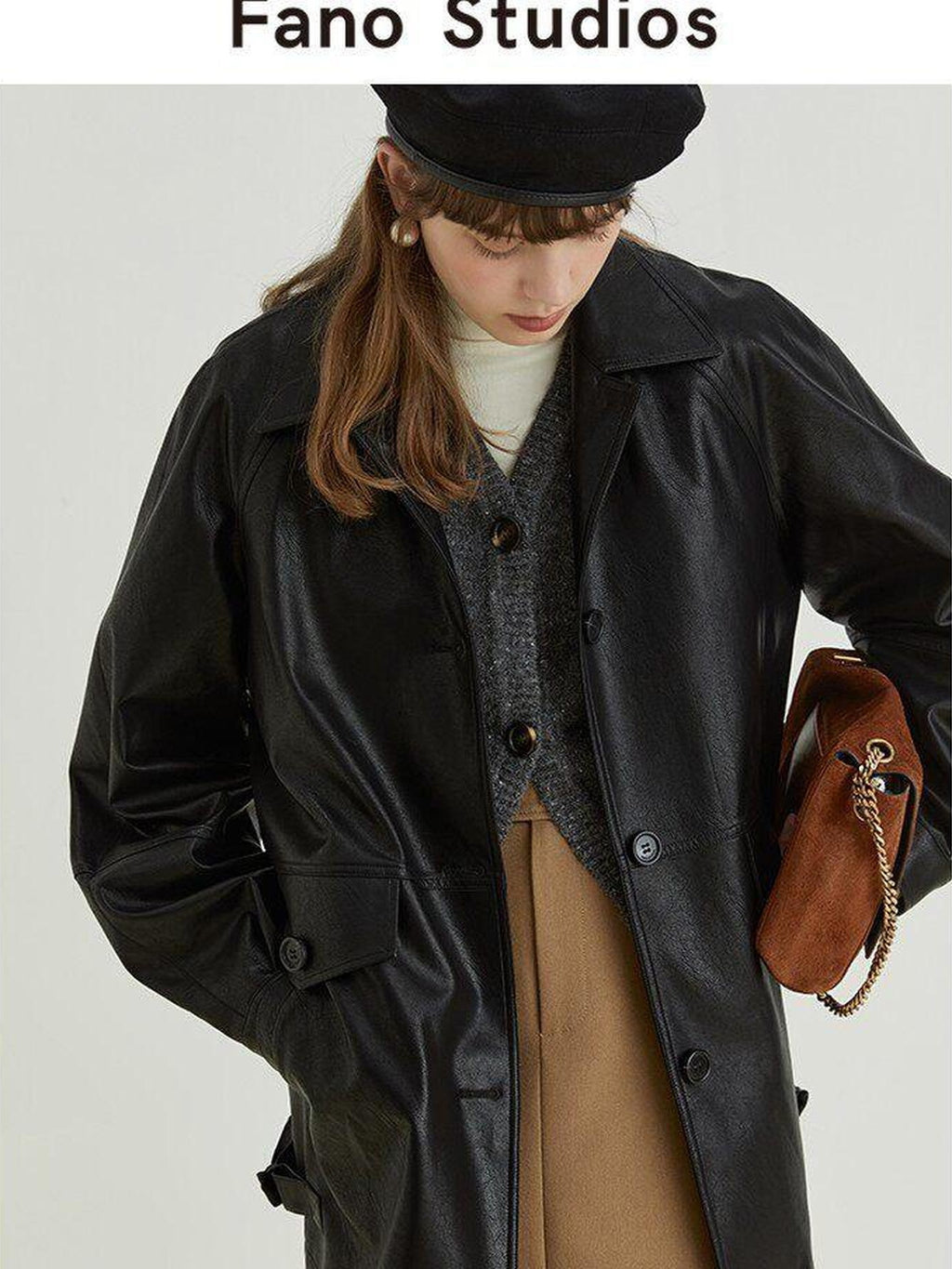 fano Warm Vintage Loose Fit Turn Down Collar Button Closure For Women Leather Jackets