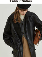 fano Warm Vintage Loose Fit Turn Down Collar Button Closure For Women Leather Jackets