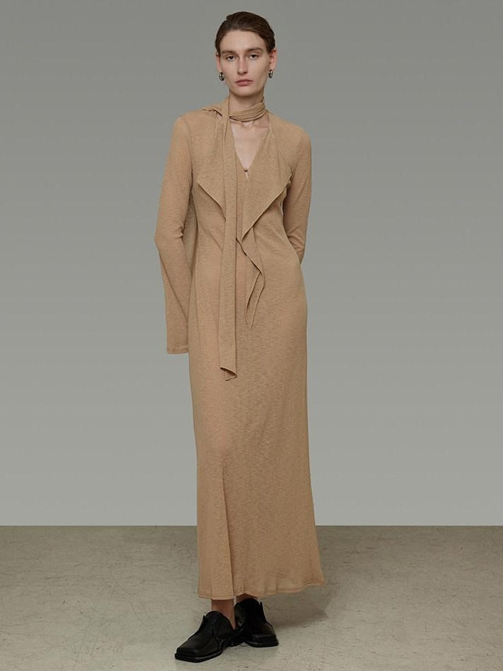 unspoken Breathable High Waist Sash V-neck Aline Longsleeve Office Polyester Maxi Dresses
