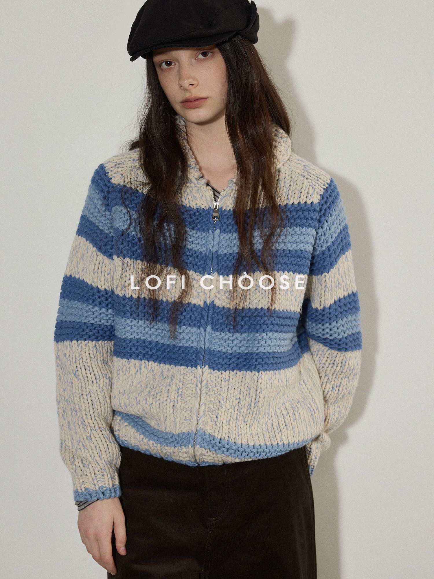 Lofi choose Acrylic Wool Blend Colorblock Striped Lapel Loose Fit Women Zip Front Cardigans