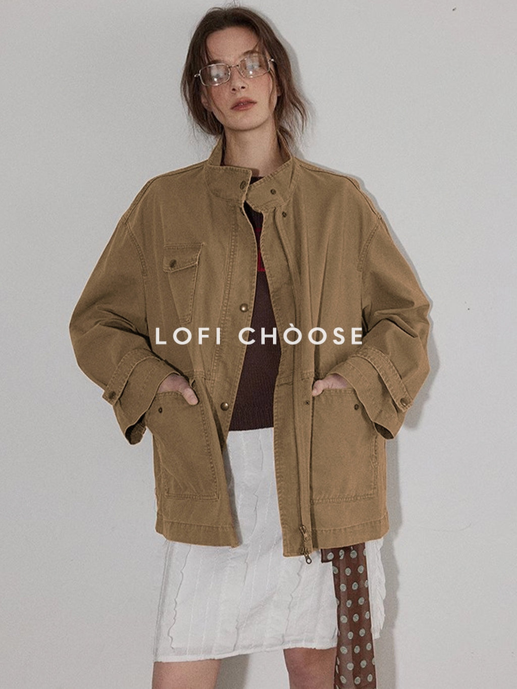 Lofi choose Airy Loose Fit Commuter Lapel Button Longsleeve Solid Khaki Cropped Jackets